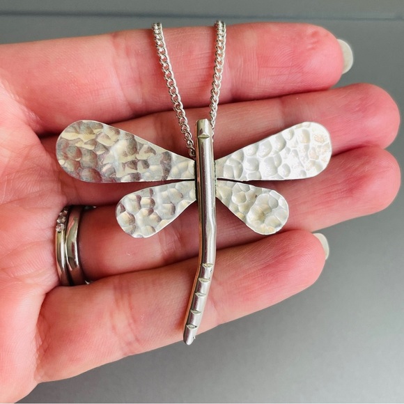 Large Dragonfly Hammered Charm Pendant 925 Solid Sterling Silver Necklac… - Picture 3 of 6